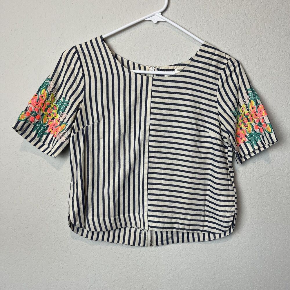JOA‎ Los Angeles Shirt Womens XS Navy Stripe Floral Embroidered Cotton Top